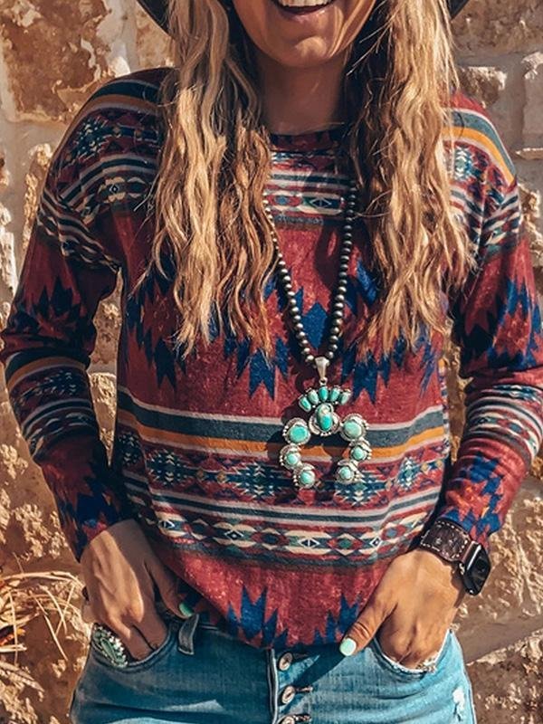 Casual Daily West Cowboy Tribal Geometric Printed Crew Neck T-Shirts Tops