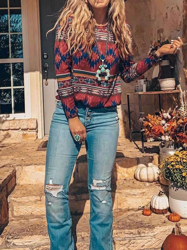 Casual Daily West Cowboy Tribal Geometric Printed Crew Neck T-Shirts Tops