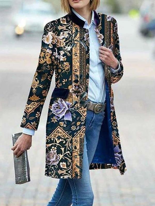 Casual Floral Tribal Color-block Shawl Collar Mid-length Coats Outwear
