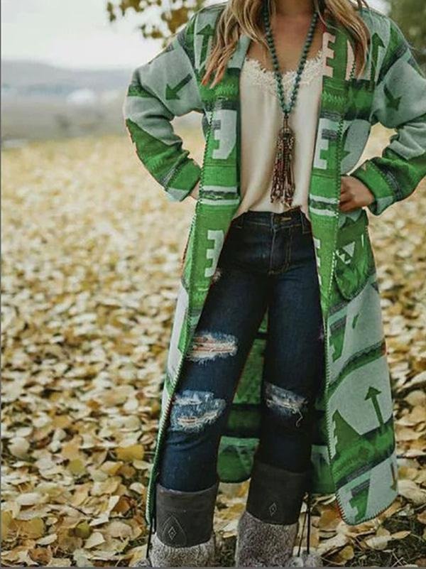 Casual Tribal Graphic Printed Shawl Collar Long Sleeve Coats Outwear