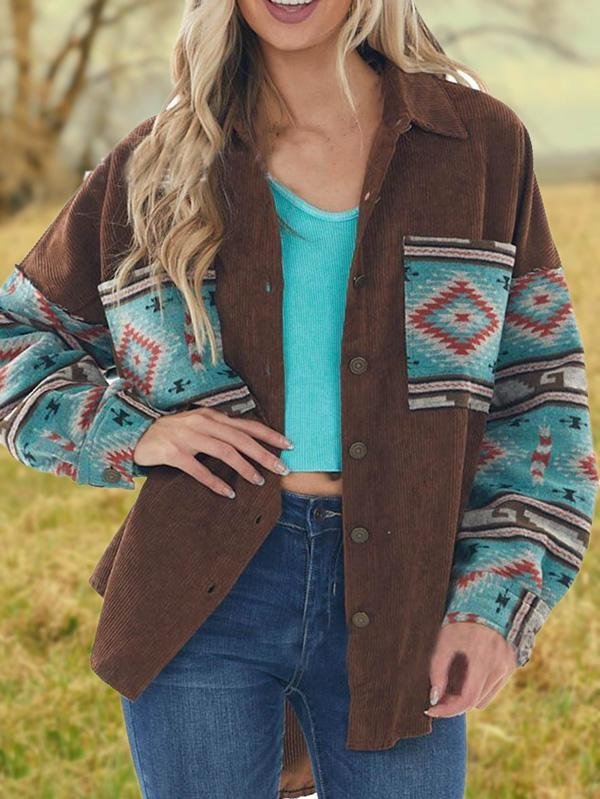 Casual Vintage Tribes Printed Turn-down Collar Long-sleeved Coats Outwear