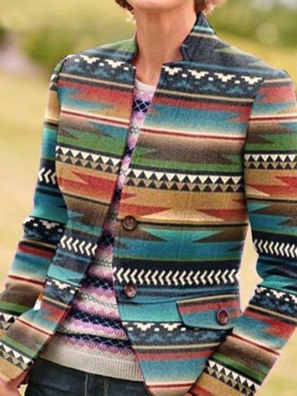 Vintage Daily Printed Tribal Stand Collar Long Sleeve Jackets Coats Outwear