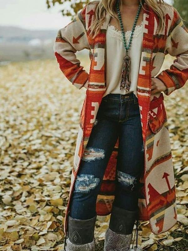 Casual Tribal Graphic Printed Shawl Collar Long Sleeve Coats Outwear