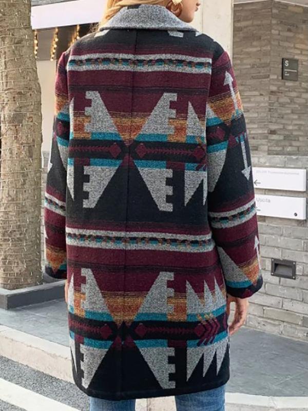 Casual Daily Tribes Geometric Printed Shawl Collar Coats Outwear