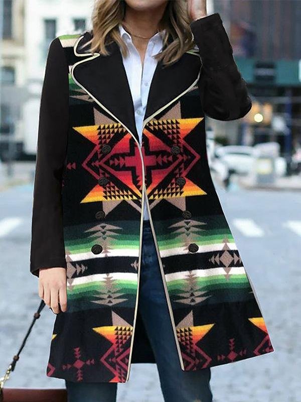 Elegant Tribal Graphic Printed Shawl Collar Long Sleeve Coats Outwear
