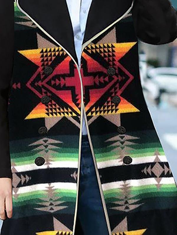 Elegant Tribal Graphic Printed Shawl Collar Long Sleeve Coats Outwear