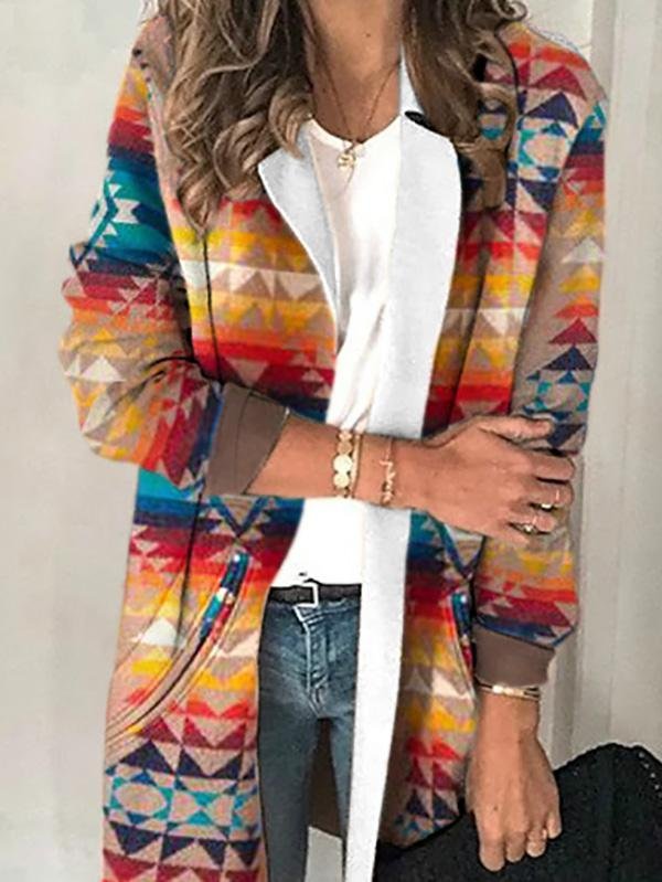 Casual Vintage Tribes Printed Lapel Long-sleeved Coats Outwear