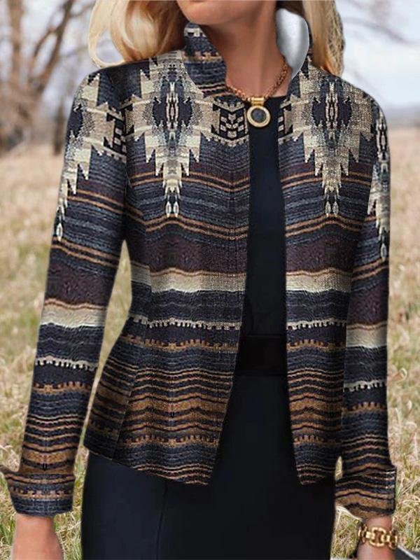 Casual Vintage Tribes Printed Stand Collar Long-sleeved Coats Outwear