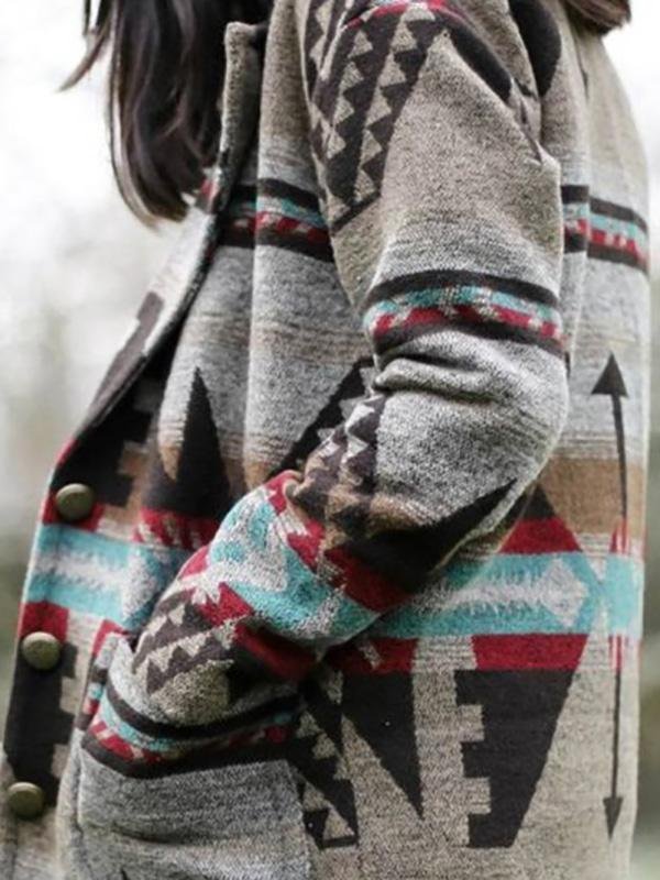 Casual Vintage Tribes Printed Lapel Long-sleeved Coats Outwear