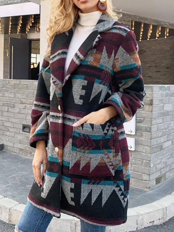 Casual Daily Tribes Geometric Printed Shawl Collar Coats Outwear