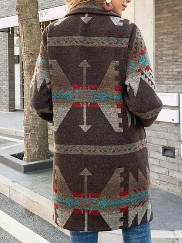 Casual Daily Tribes Geometric Printed Shawl Collar Coats Outwear