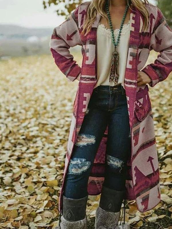 Casual Tribal Graphic Printed Shawl Collar Long Sleeve Coats Outwear