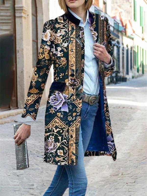 Casual Floral Tribal Color-block Shawl Collar Mid-length Coats Outwear