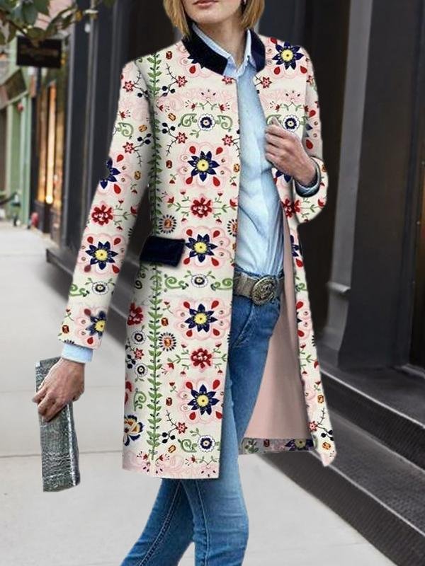Casual Floral Tribal Color-block Shawl Collar Mid-length Coats Outwear