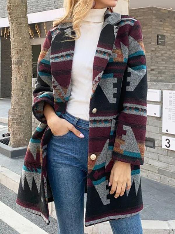 Casual Daily Tribes Geometric Printed Shawl Collar Coats Outwear