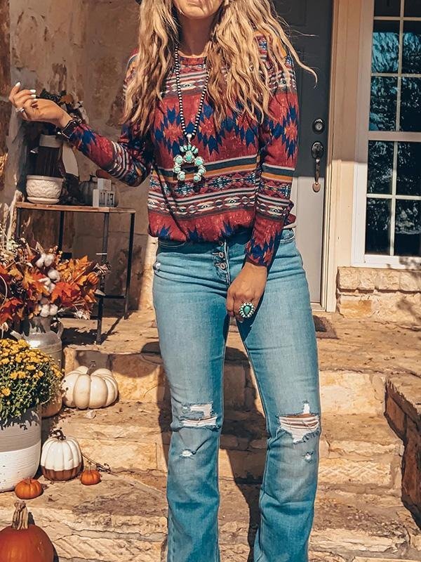 Casual Daily West Cowboy Tribal Geometric Printed Crew Neck T-Shirts Tops