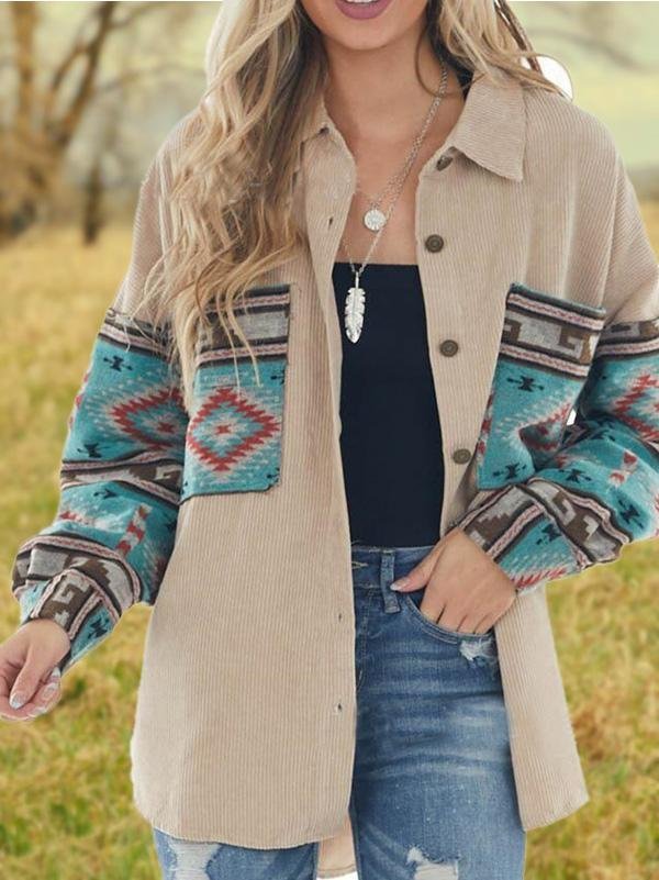 Casual Vintage Tribes Printed Turn-down Collar Long-sleeved Coats Outwear