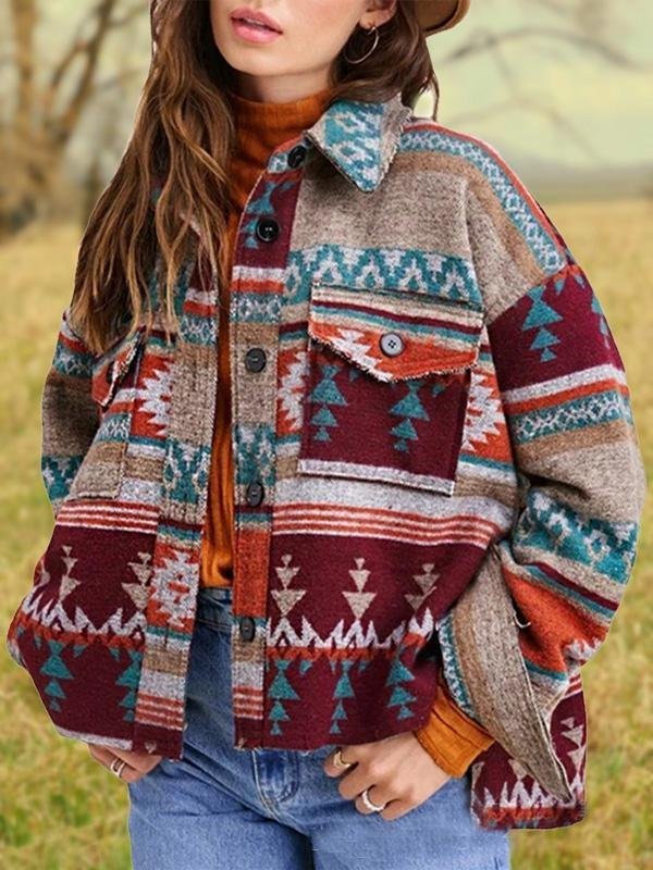 Vintage Tribes Printed Turn-down Collar Long-sleeved Shirt Jacket Coats Outwear