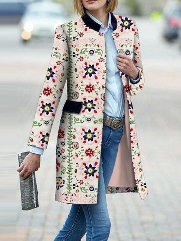 Casual Floral Tribal Color-block Shawl Collar Mid-length Coats Outwear