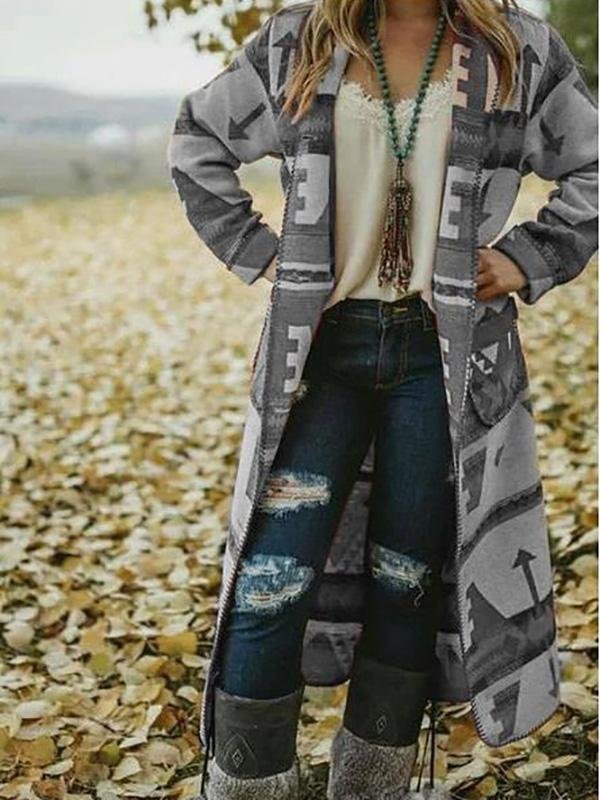 Casual Tribal Graphic Printed Shawl Collar Long Sleeve Coats Outwear