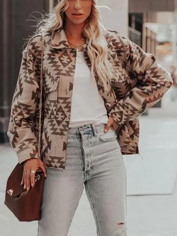Casual Tribal Printed Turn-down Collar Jackets Coats Outwear