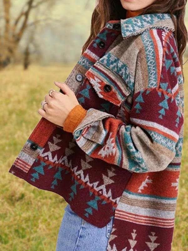 Vintage Tribes Printed Turn-down Collar Long-sleeved Shirt Jacket Coats Outwear
