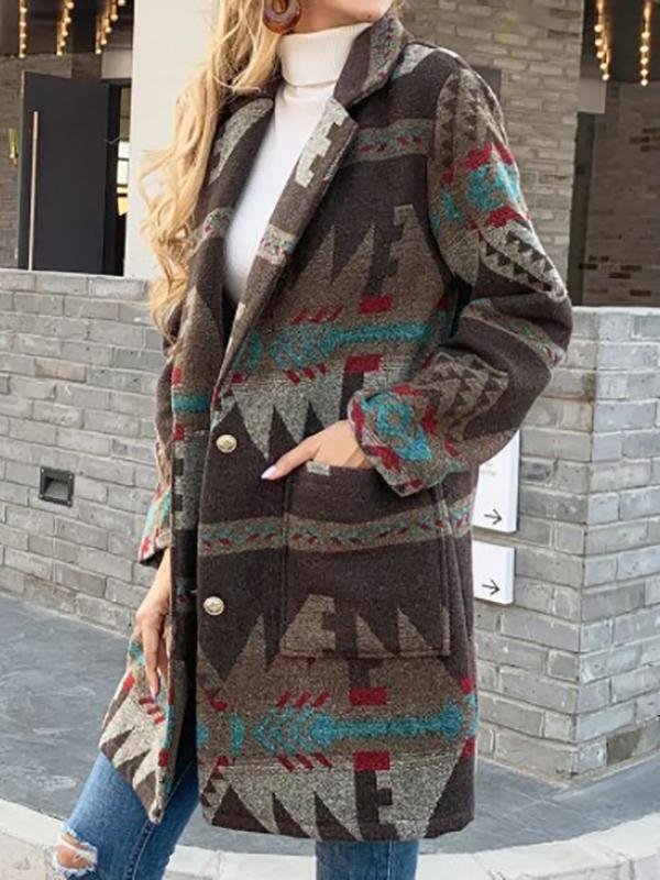 Casual Daily Tribes Geometric Printed Shawl Collar Coats Outwear