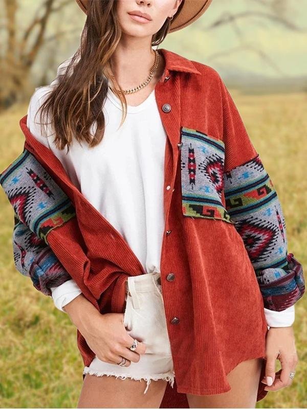 Casual Vintage Tribes Printed Turn-down Collar Long-sleeved Coats Outwear