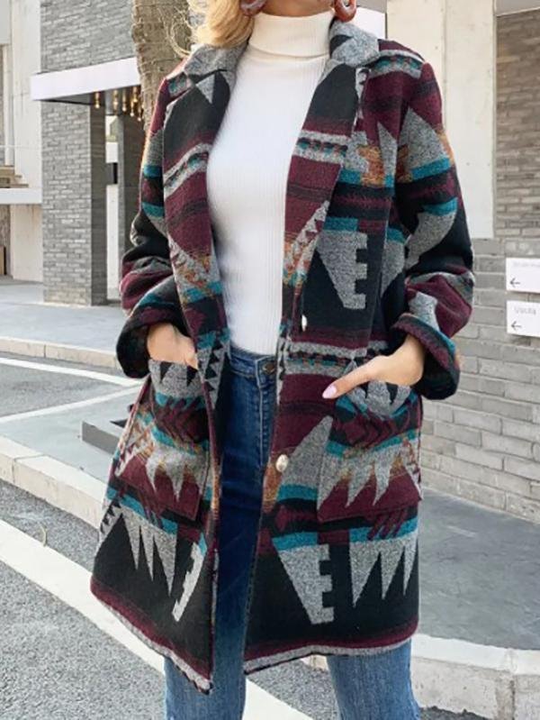 Casual Daily Tribes Geometric Printed Shawl Collar Coats Outwear