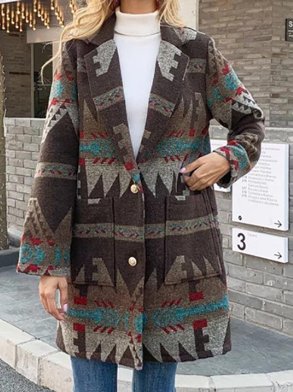 Casual Daily Tribes Geometric Printed Shawl Collar Coats Outwear