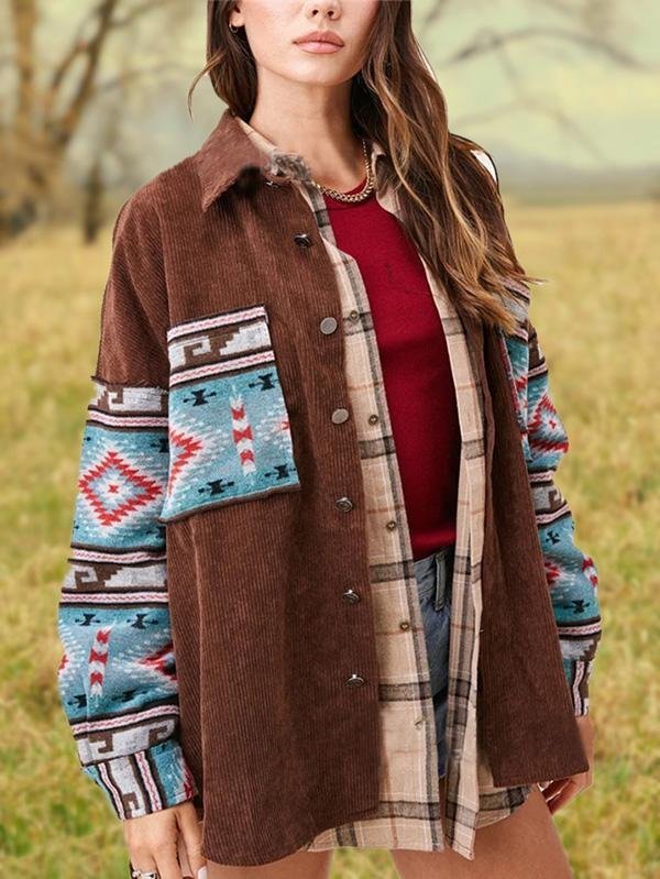 Casual Vintage Tribes Printed Turn-down Collar Long-sleeved Coats Outwear