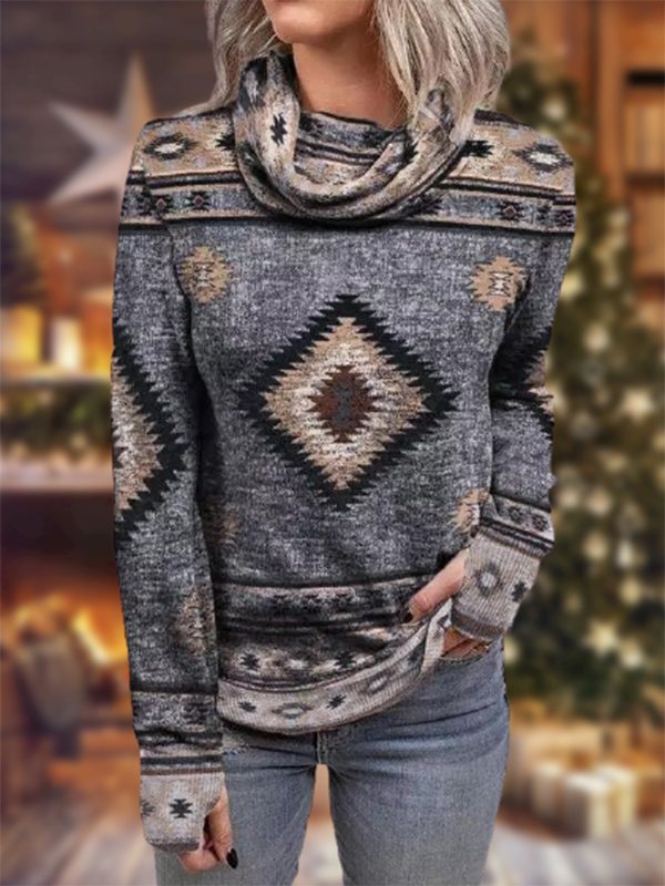 Casual Daily Tribal Printed Turtleneck SweatShirts Tops