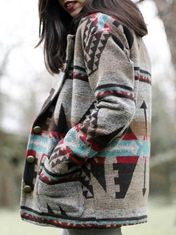Casual Vintage Tribes Printed Lapel Long-sleeved Coats Outwear