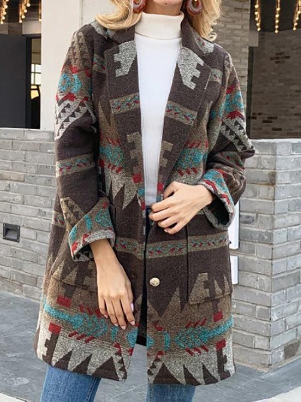 Casual Daily Tribes Geometric Printed Shawl Collar Coats Outwear