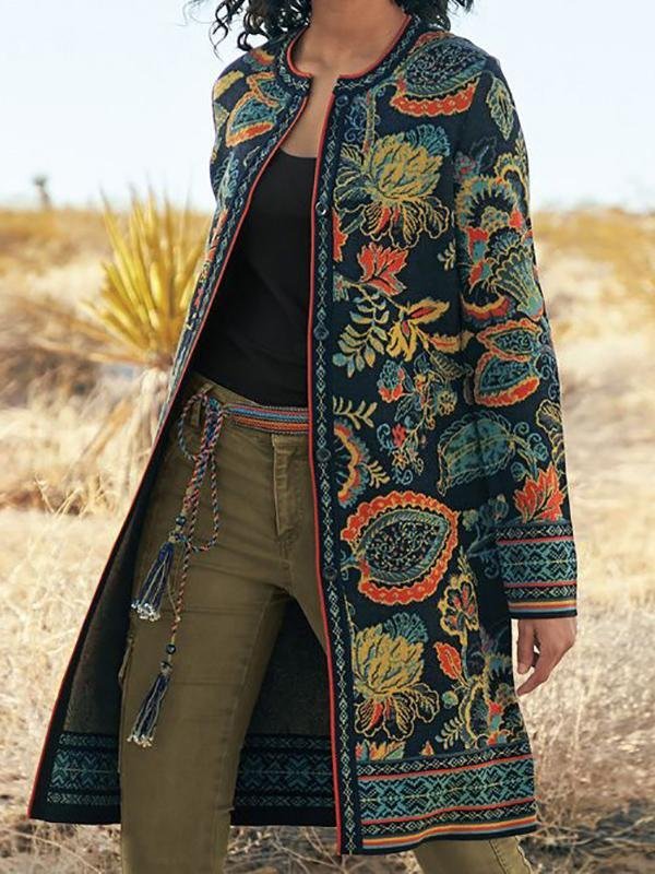 Casual Daily Tribal Printed Crew Neck Coats Outwear