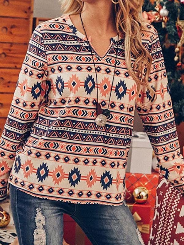 Casual Tribal Geometric Printed V-Neck Long Sleeve Tops